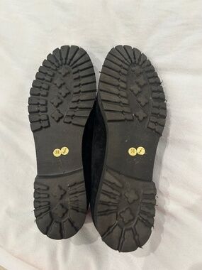 Andrea Carrano black suede loafers with tread sole.  Size 8